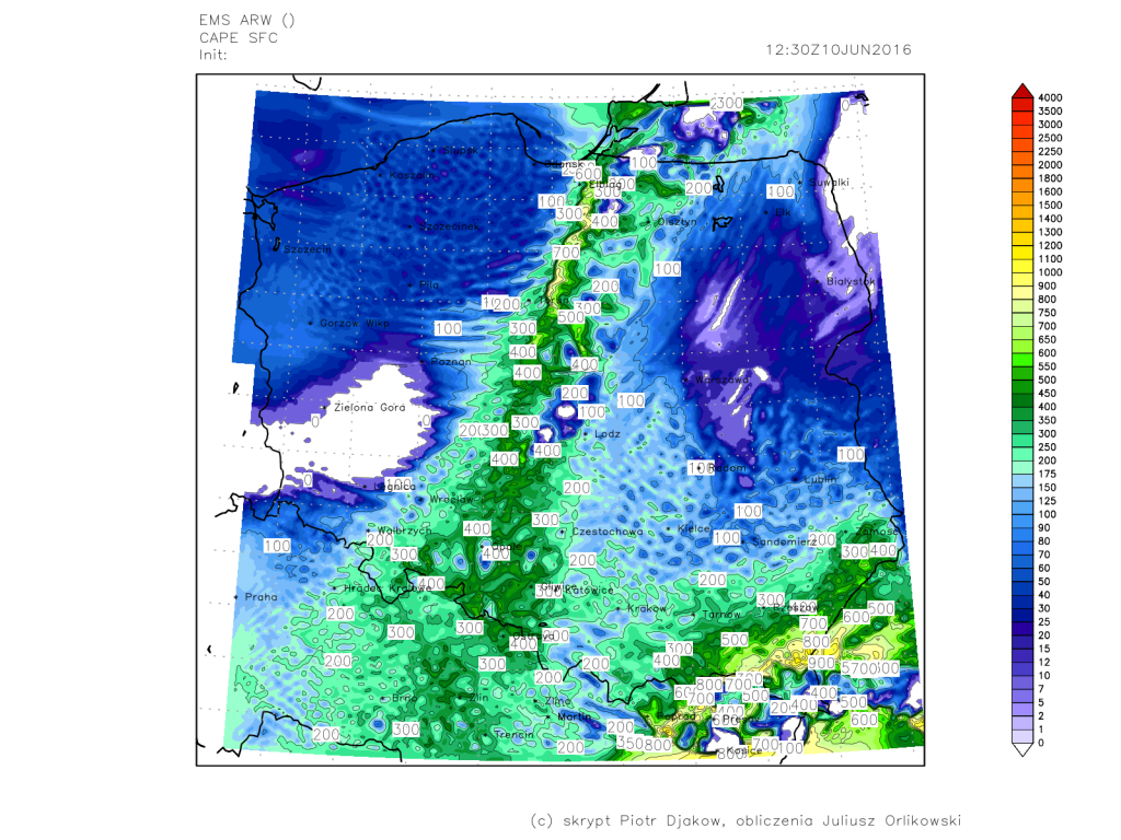 Prognoza energii potencjalnej dostępnej konwekcyjnie (CAPE). Źródło: meteoprognoza.pl