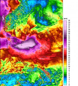 Prognozowane maksymalne porywy wiatru obliczone przez polski model numeryczny UM na dzień 03 lutego 2016 r.r. Źródło: http://www.meteo.pl/