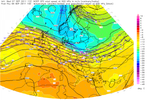 Temperatura i prędkość wiatru na poziomie 500 hPa - 5820 metrów AGL