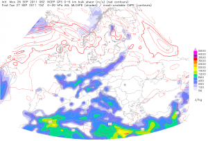 Prognoza GFS na 27.09.2011, godz. 17:00 CEST - wartości 0-30 hPa MLCAPE i 0-6 km DLS (źródło: Estofex)