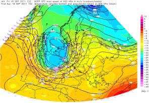 Mapa wys. geopotencjalnej, temperatury i wiatru - prognoza GFS z 16.09.2011, godz. 12 UTC na 18.09.2011, godz. 15 UTC