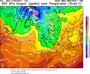 Przewidywane temperatury powietrza na poziomie 850 hPa - około 1500 metrów AGL