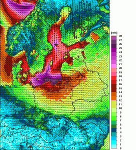 Prędkość średnia wiatru na noc 27/28.11.2011 (model UMPL, źródło: Prognoza Numeryczna ICM)