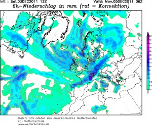 Opady prognozowane na poniedziałek rano (model GFS, źródło: wetterzentrale)