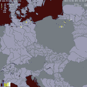 Wyładowania atmosferyczne nad Polską w dn. 4.12.2011 w godz. 14:50-16:50