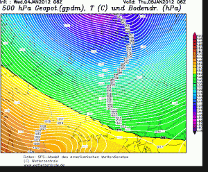 Olbrzymi poziomy gradient ciśnienia atm. nad Niemcami prognozowany na czwartek rano (model GFS, źródło: wetterzentrale.de)
