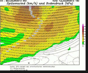 Prognozowane porywy wiatru na dzień 3.01.2012, godz. 19:00 CET (model GFS, źródło: wetterzentrale.de)