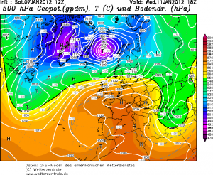 Rozlokowanie pola geopotencjału, temperatury na poziomie 500 hPa oraz ośrodków barycznych - środa, godz. 18:00 UTC