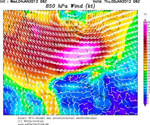 Prognozowany na czwartek rano wiatr średni na wysokości 850 hPa (model GFS, źródło: wetterzentrale.de)