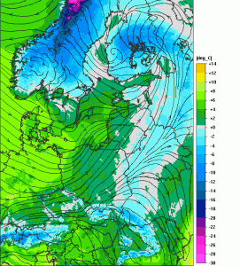 Spodziewane temperatury powietrza na sobotę, godzinę 12:00 UTC (źródło: http://www.meteo.pl/