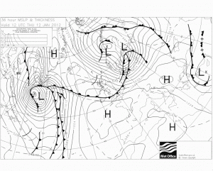 Prognoza rozkładu frontów atm. w Europie na czwartek, 12.01.2012, godz. 13:00 CET