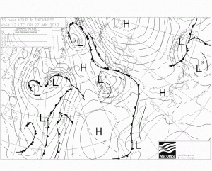 Rozkład ośrodków barycznych i frontów atm. w Europie - prognoza na dzień 27.01.2012 (źródło: MetOffice)