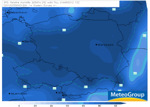 Spodziewana wilgotność względna na poziomie około 700 m.n.p.g. (źródło: http://www.meteo.pl/)