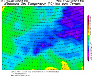 Prognoza temperatury minimalnej na najbliższą noc (model GFS, źródło: wetterzentrale.de)