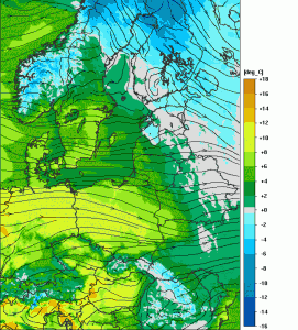 Spodziewana temperatura maksymalna powietrza na piątek, godz. 12:00 UTC (źródło: http://www.meteo.pl/)