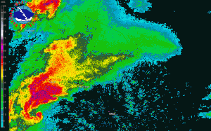 Superkomórka klasyczna na obrazie odbiciowości opadów nad okolicami Raleigh (Karolina Płn., USA), źródło: NWS NOAA