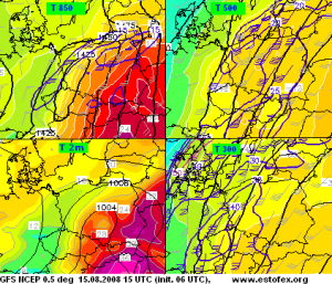 Prognoza modelu GFS dla Polski na dzień 15.08.2008 - temperatury i wiatr na poziomach 2 m, 850 hPa, 500 hPa i 300 hPa (źródło: estofex. org).