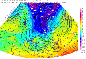 Wyliczana temperatura na wysokości 850 hPa na drugą część nocy