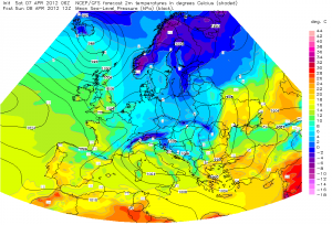 Prognozowane wartości temperatury na jutro, godz. 12:00 UTC