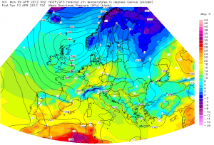 Prognozowana temperatura i ciśnienie atm. na poziomie morza na wtorek, godz. 17 CEST (model GFS, źródło: Estofex)