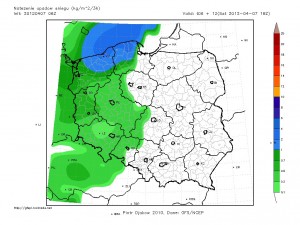 Spodziewane natężenie opadów śniegu na godz. 18:00 UTC (źródło: http://gfspl.rootnode.net/)