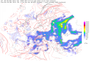 Prognoza energii CAPE oraz siły uskoku prędkościowego wiatru z warstwy 0-6 km AGL (ESTOFEX) Prognoza energii CAPE oraz siły uskoku prędkościowego wiatru z warstwy 0-6 km AGL (ESTOFEX)