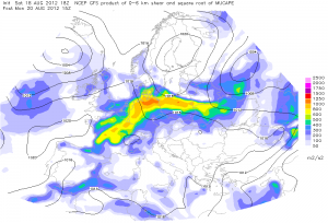 Duża wartość wskaźnika capeshear oznacza podwyższone ryzyko gwałtownych burz w poniedziałkowe popołudnie (model GFS, źródło: ESTOFEX)