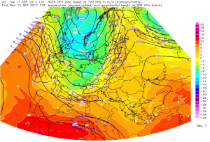 Prognozowany przepływ powietrza na godzinę 12:00 UTC - poziom 700 hPa (ESTOFEX)