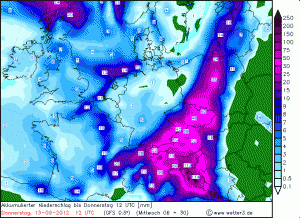 Prognozowana suma opadów (wetter3.de)