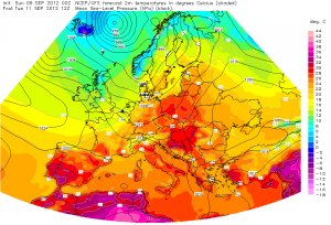 Prognozowana temperatura na wtorek (źródło: GFS, ESTOFEX)