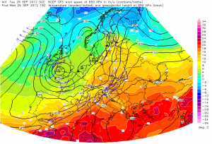 Ciepła masa powietrza nad Polską (GFS, 26.09.2012 18 UTC)