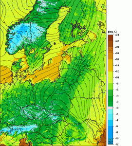 Prognozowana temperatura minimalna powietrza na godzinę 05:00 czasu lokalnego (model UM - http://www.meteo.pl/)