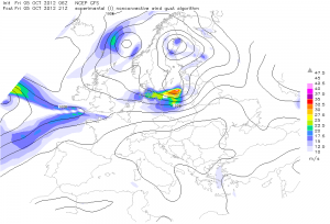 Spodziewane porywy wiatru na godzinę 23 CEST czasu lokalnego (GFS)