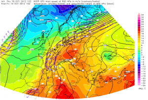 Prognozowana temperatura na wysokości izobarycznej 850 hPa (GFS)