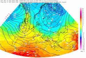 Chłodna masa powietrza na wysokości izobarycznej 850 hPa (GFS)