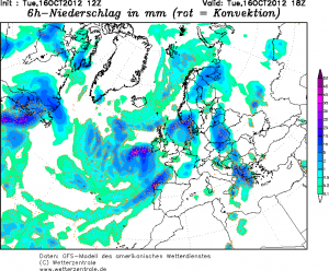 Prognoza opadów deszczu na godzinę 20:00 CEST (wetterzentrale.de)