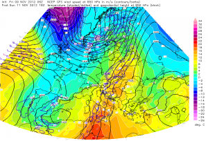 Prognozowana temperatura na wysokości izobarycznej 850 hPa (GFS)