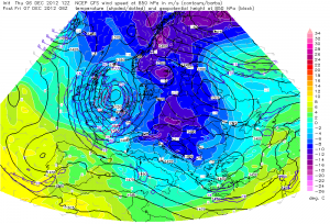 Obszary z zaleganiem bardzo chłodnego, arktycznego powietrza (Temperatura na wys. 850 hPa, model GFS)