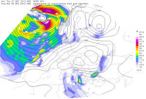 Spodziewane porywy wiatru m.in. dla Wysp Owczych na dzień 29.12., godz. 06 UTC (GFS)