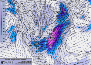 Spodziewana prędkość wiatru na wysokości izobarycznej 850 hPa (GFS, http://www.twisterdata.com)