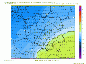 Prognozowana temperatura na wysokości izobarycznej 850 hPa (GFS, meteomodel.pl)