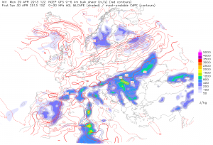 Spodziewana energia potencjalna dostępna konwekcyjnie w środowisku pionowego uskoku prędkościowego wiatru w warstwie 0-6 km (GFS, ESTOFEX)