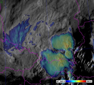 Zdjęcie satelitarne wraz z zaznaczoną temperaturą wierzchołków mocno dziś wypiętrzonych chmur burzowych (bourky.cz)