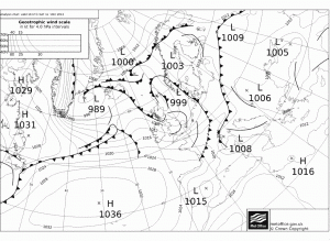 Rozkład ośrodków barycznych i frontów atmosferycznych o godzinie 18:00 UTC (Bracknell)