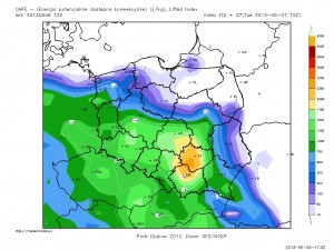 Spodziewane wartości SBCAPE na jutrzejsze popołudnie (GFS - meteomodel.pl)