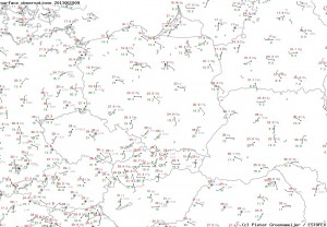 Analiza synoptyczna z godziny 09:00 UTC z doskonale widocznym niżem oraz strefą zbieżności wiatru (ESTOFEX)