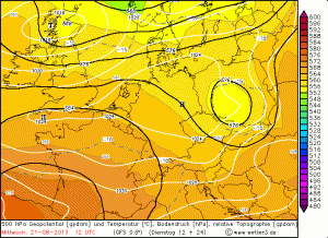 Prognozowane umiejscowienie niżu górnego (środa, godz. 12:00 UTC, GFS)