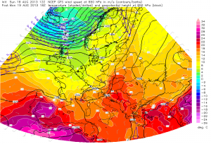 Prognozowana temperatura powietrza na wysokości izobarycznej 850 hPa (poniedziałek, godz. 18:00 UTC - model GFS, ESTOFEX)