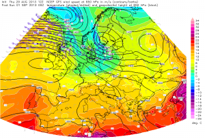 Spodziewana temperatura na wysokości 850 hPa (GFS)