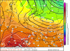 Kontrast termiczny na wysokości 850 hPa (GFS, godz. 06:00 UTC)